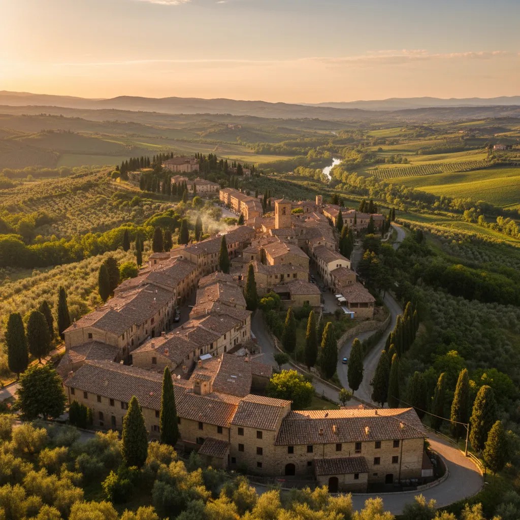 Vue panoramique d'un village italien avec maisons en pierre et collines verdoyantes
