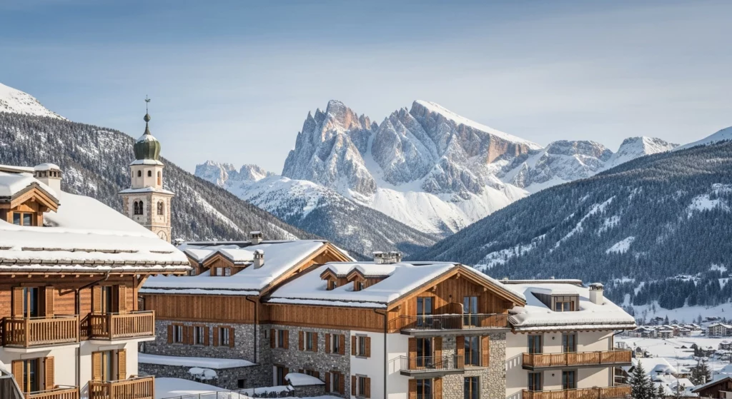 Chalets alpins traditionnels et résidences modernes à Cortina d'Ampezzo, architecture en bois et pierre typique des Dolomites, ambiance luxueuse d'une station de ski italienne