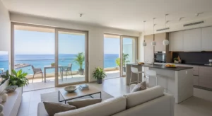 Intérieur appartement meublé à louer à Vintimille, salon lumineux avec vue mer Méditerranée, cuisine équipée, style italien contemporain