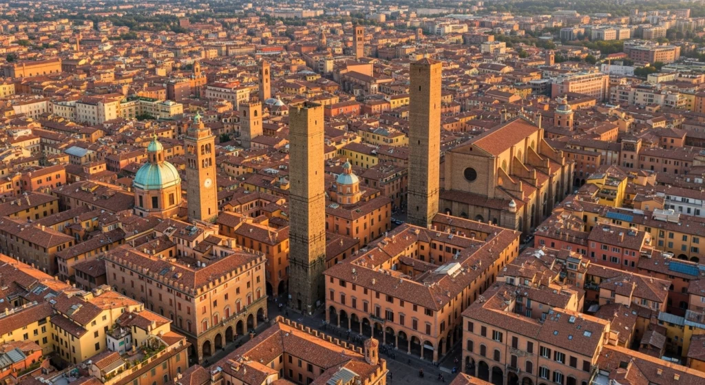 Vue aérienne du centre historique de Bologne avec ses toits en tuiles rouges, les deux tours médiévales et les arcades caractéristiques