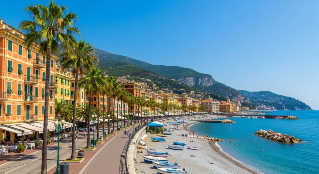 Centre-ville de Vintimille et front de mer méditerranéen, promenade maritime avec bâtiments colorés et plages en Ligurie italienne