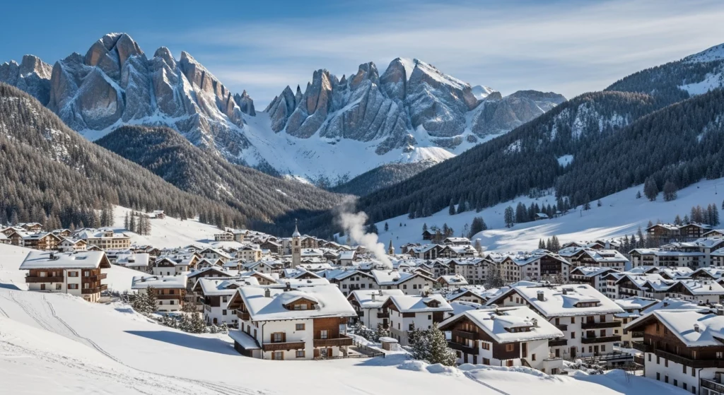 Village alpin de Cortina d'Ampezzo sous la neige avec les sommets enneigés des Dolomites en arrière-plan, ambiance lumineuse d'une station de ski premium italienne