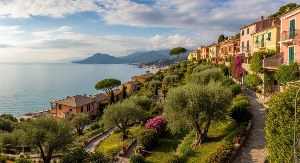 Quartier Grimaldi Superiore à Vintimille, maisons traditionnelles ligures avec jardins en terrasses et vue mer Méditerranée
