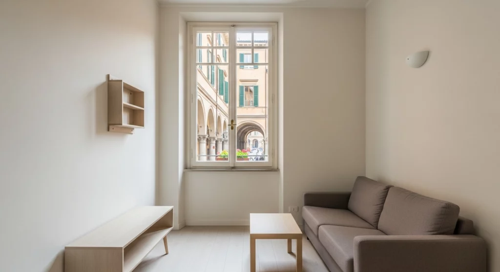 Intérieur neutre d'un appartement à louer à Bologne, présentant un type de logement disponible à Bologne.