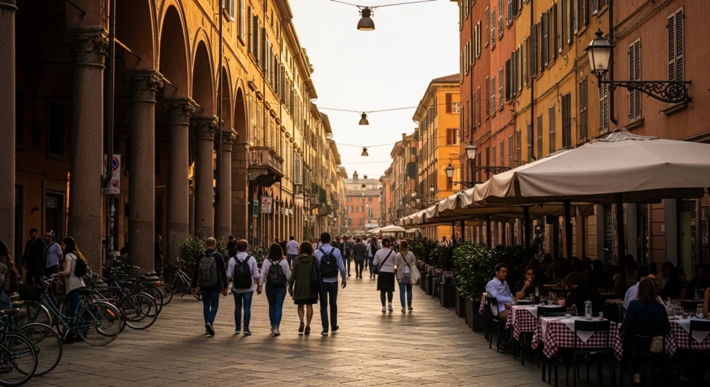Rue animée du quartier universitaire de Bologne avec étudiants, cafés sous les arcades et façades colorées près de Via Zamboni