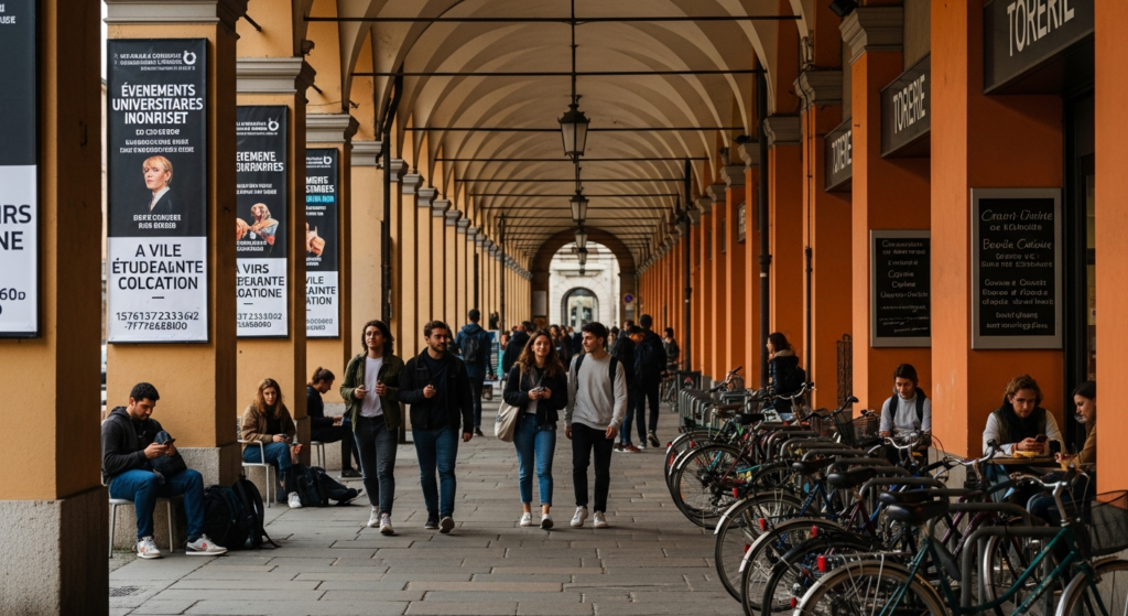 Rue animée près d'une université à Bologne, illustrant la pression locative étudiante.