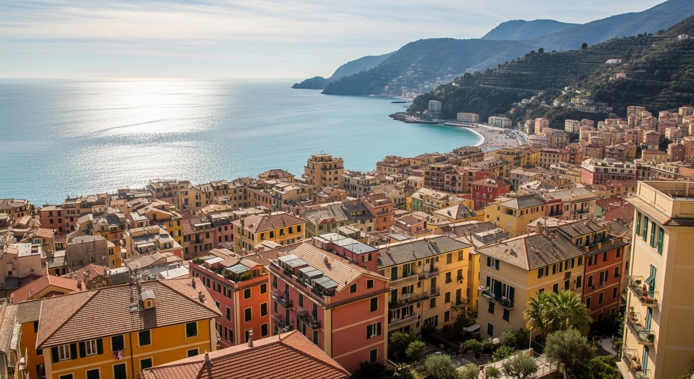 Vue aérienne centre-ville Vintimille Ligurie, immeubles résidentiels colorés typiques pour location appartements frontière franco-italienne