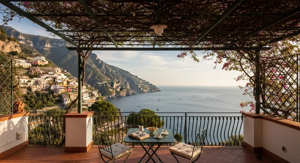 Terrasse couverte d'une location en côte amalfitaine avec pergola fleurie et mobilier confortable offrant une vue panoramique sur la mer