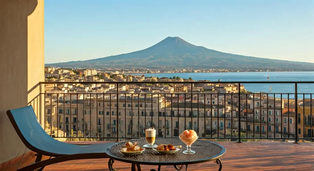 Vue panoramique depuis une terrasse résidentielle à Catane montrant l'Etna et la mer Méditerranée avec petit-déjeuner sicilien