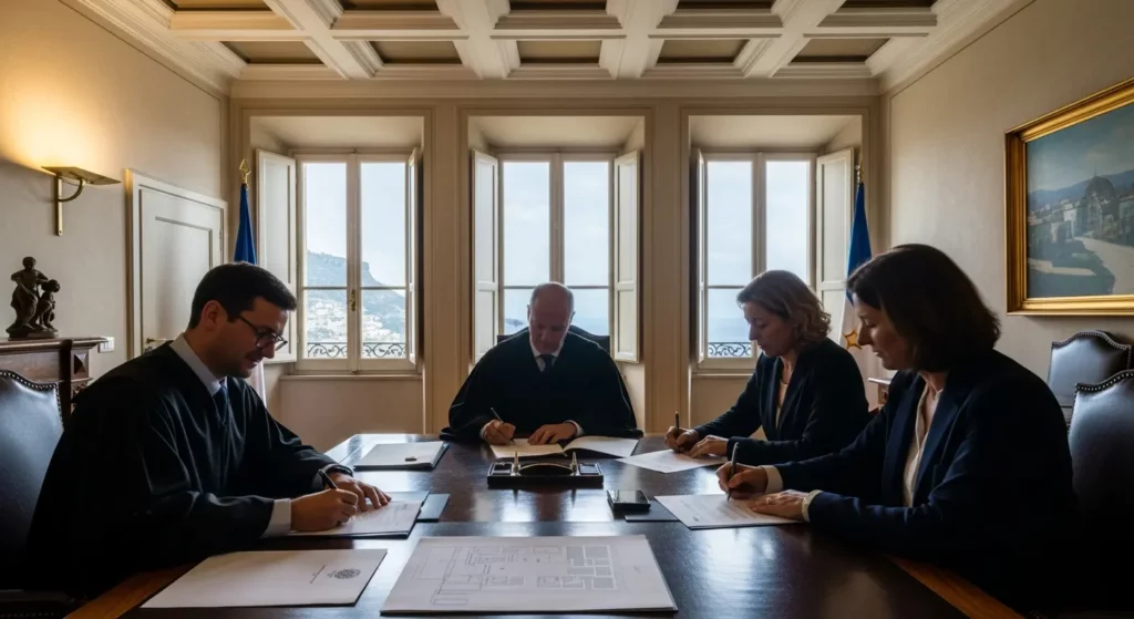 Transaction immobilière dans un bureau notarial italien avec vue sur la Côte Amalfitaine, illustrant les étapes administratives d'achat d'une propriété à Amalfi et les démarches légales pour investir en Campanie.