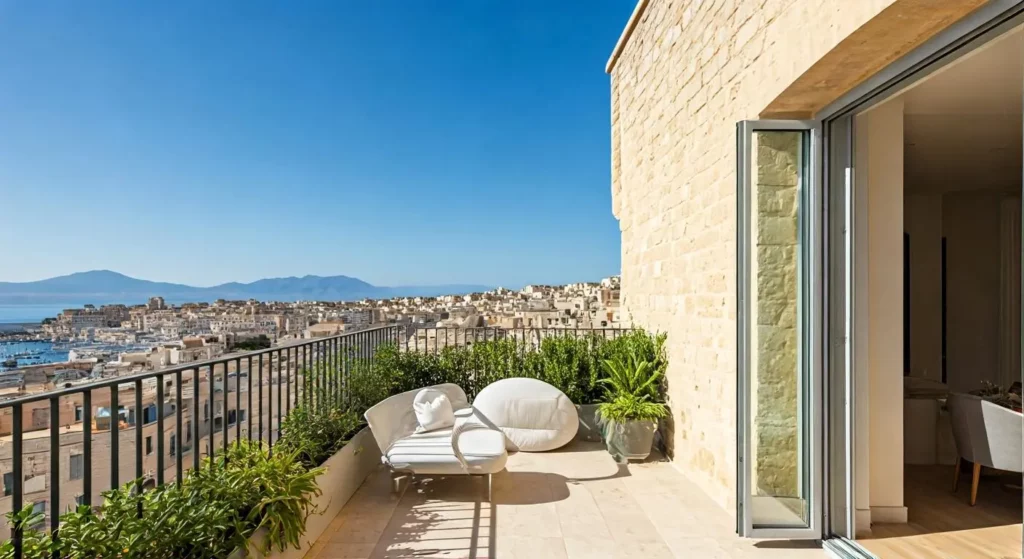 Terrasse ensoleillée d'un appartement rénové à Catane en Sicile offrant une vue panoramique sur la mer Méditerranée, exemple réussi d'investissement immobilier combinant authenticité sicilienne et confort moderne