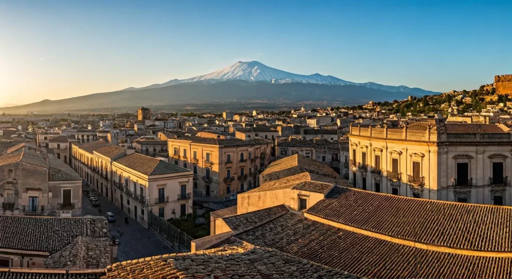Vue panoramique de Catane en Sicile avec son architecture baroque, ses immeubles aux tons ocre et l'imposant Mont Etna en arrière-plan, destination prisée pour l'investissement immobilier français