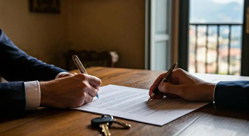 Signature d'un contrat de location résidentielle au lac de Garde avec documents administratifs italiens et clés d'appartement, symbolisant l'aboutissement du processus d'installation pour les expatriés francophones.