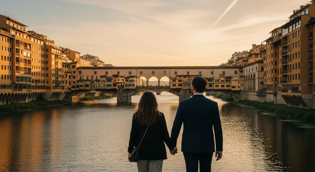 Couple d'expatriés français se promenant au coucher du soleil le long de l'Arno à Florence, avec vue sur le Ponte Vecchio, capturant l'essence du style de vie méditerranéen pour les francophones s'installant dans la capitale toscane.