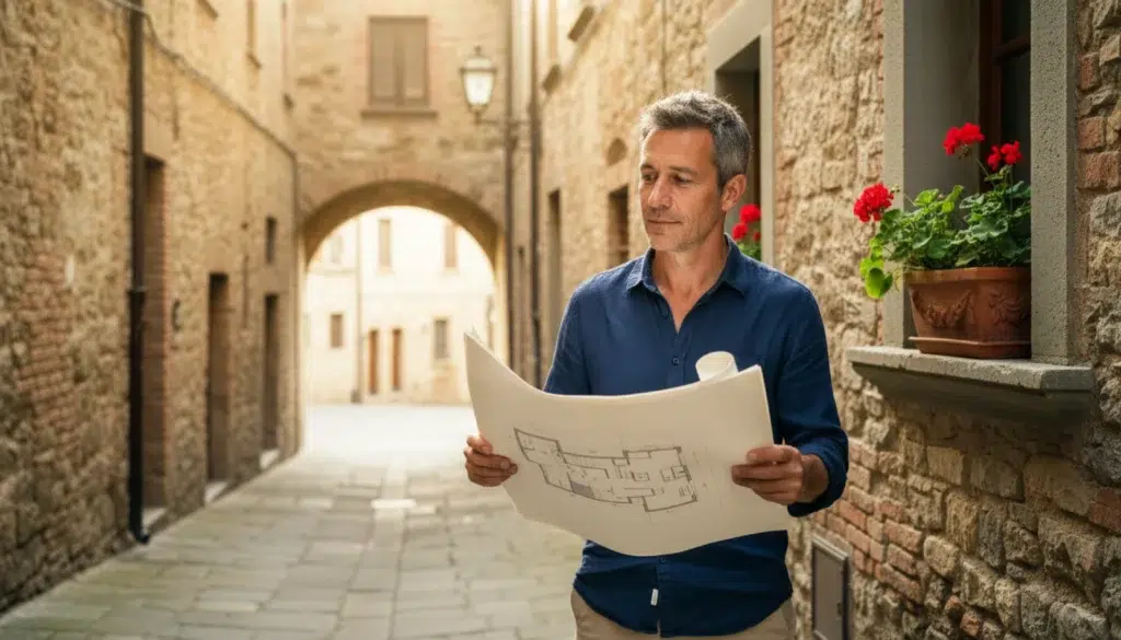 Homme d'une cinquantaine d'années consultant des plans d'une maison dans une ruelle médiévale de San Gimignano en Toscane