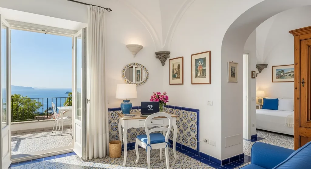 Intérieur lumineux d'une location à Positano aménagée pour le télétravail avec coin bureau près d'une fenêtre offrant vue sur la mer, illustrant l'équilibre entre vie et travail sur la côte amalfitaine.