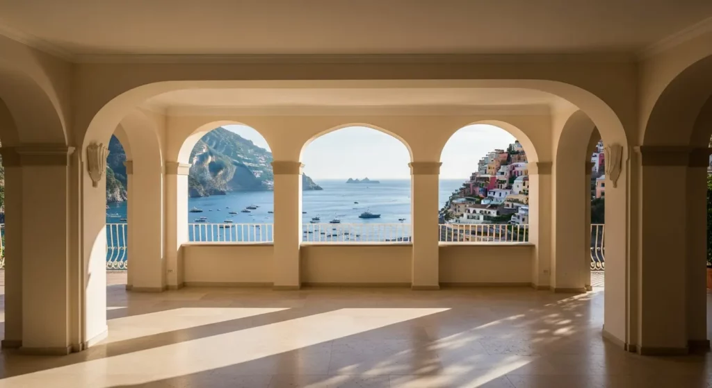 Intérieur méditerranéen d'une maison sur la Côte Amalfitaine avec salon lumineux offrant une vue panoramique sur la mer, illustrant les caractéristiques architecturales typiques et le charme des propriétés en Campanie.