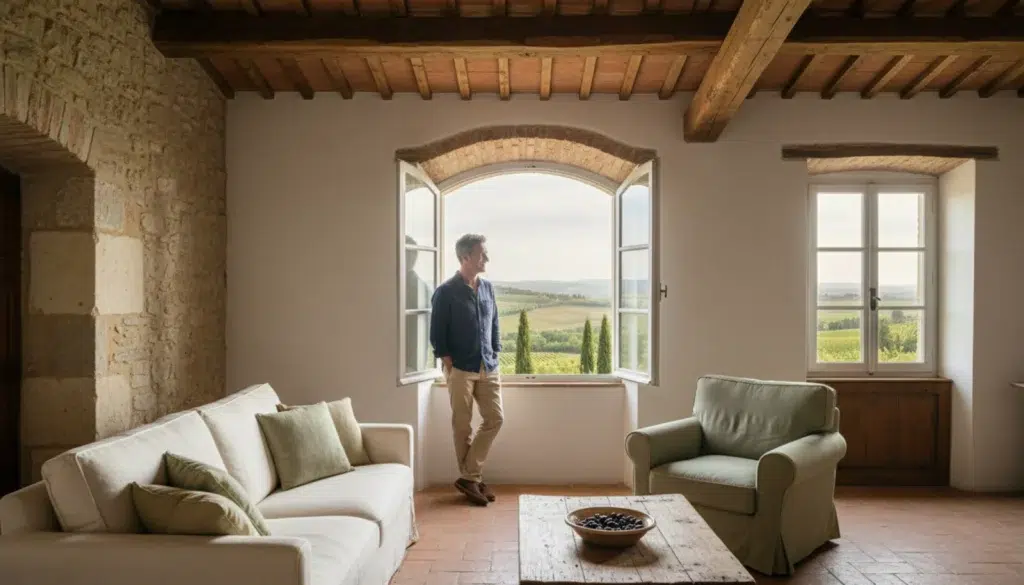 Homme contemplant le panorama toscan depuis l'intérieur d'une maison en pierre restaurée à San Gimignano, investissement immobilier en Italie