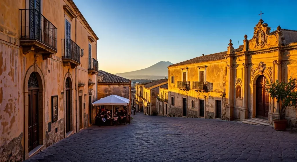 Vue d'une rue typique du centre historique de Catane en Sicile au coucher du soleil, terrasse de café animée et architecture baroque, parfait pour comprendre l'ambiance de vie quotidienne lors d'une expatriation en Sicile