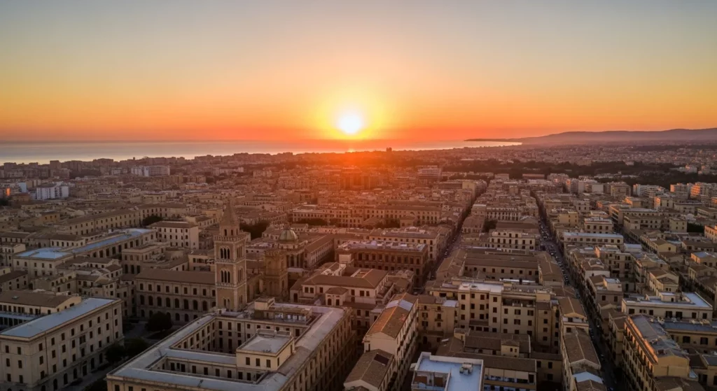 Vue pittoresque d'une rue traditionnelle du centre historique de Palerme avec immeubles siciliens aux façades colorées, baignée par la lumière dorée méditerranéenne, idéale pour investissement immobilier en Italie.