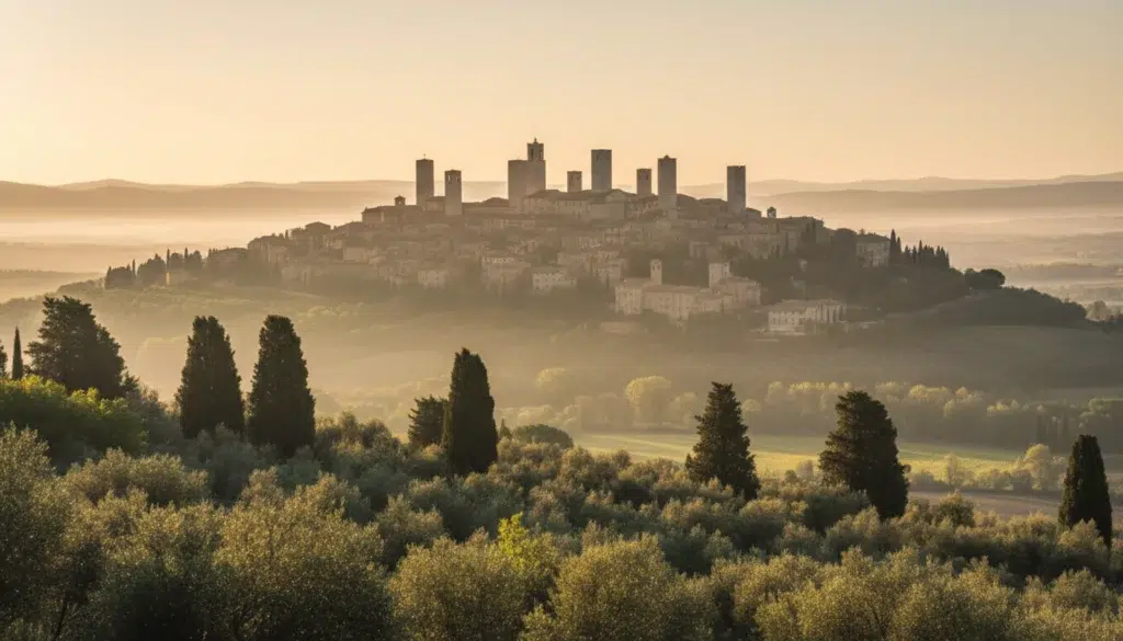 Vue panoramique de San Gimignano et ses tours médiévales en Toscane, entourée de cyprès et d'oliviers, pour un achat immobilier en Italie