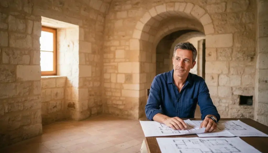 Homme d'une cinquantaine d'années consultant des plans d'achat dans une maison troglodyte des Sassi de Matera, Basilicate Italie