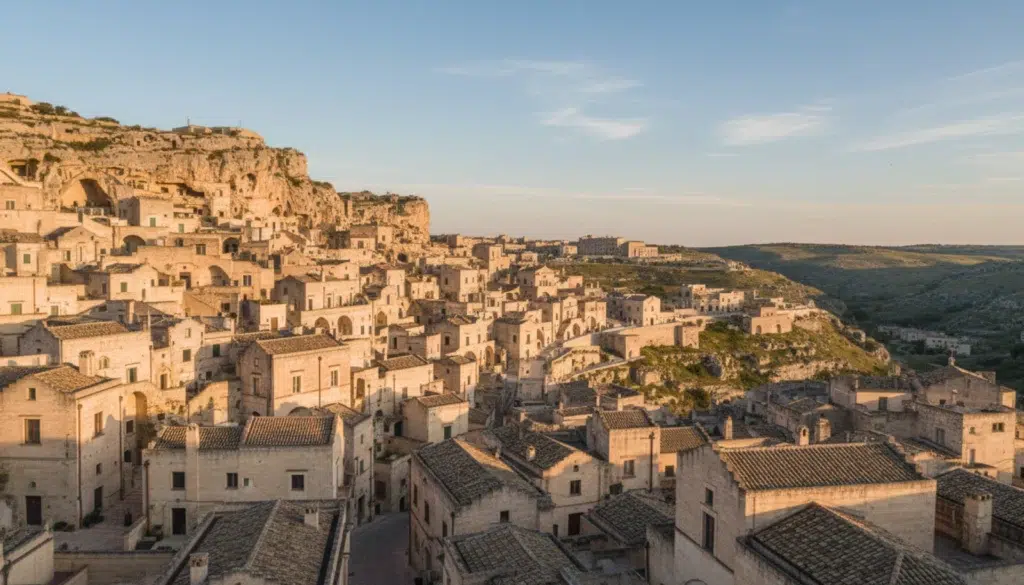 Vue panoramique des Sassi de Matera au lever du soleil, maisons en pierre creusées dans la roche en Basilicate — guide achat immobilier Matera Italie pour Français