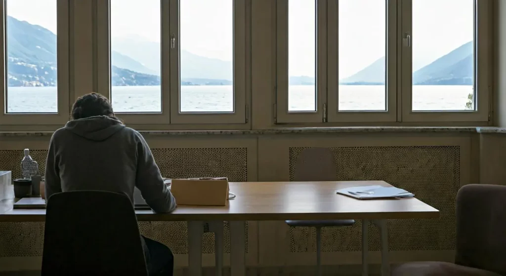 Espace de coworking lumineux à Desenzano del Garda avec vue sur le lac, symbolisant les opportunités de télétravail pour les francophones choisissant de vivre en Lombardie près du lac de Garde.