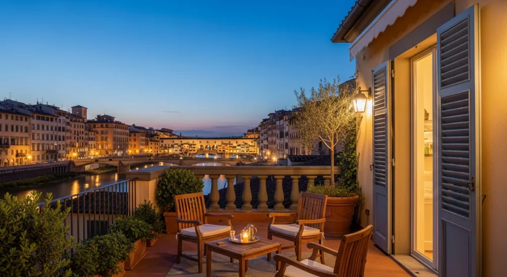 Terrasse de uit d'un appartement rénové dans le quartier Oltrarno de Florence avec vue panoramique sur l'Arno et le Ponte Vecchio, illustrant le résultat
