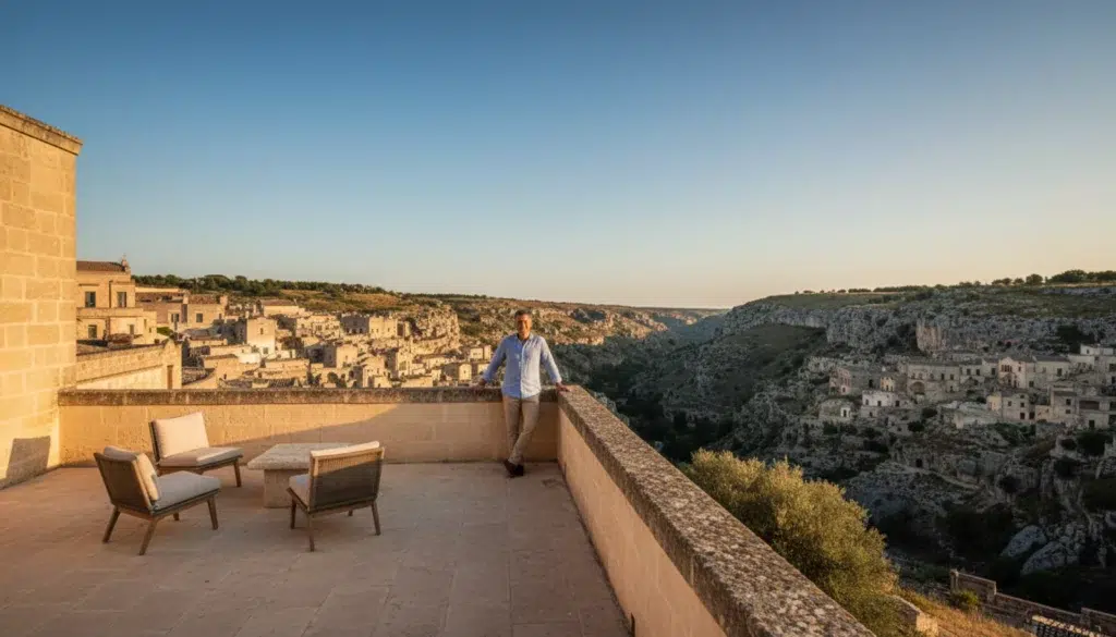 Homme contemplant le panorama des Sassi de Matera depuis la terrasse de sa propriété restaurée en Basilicate, achat immobilier en Italie