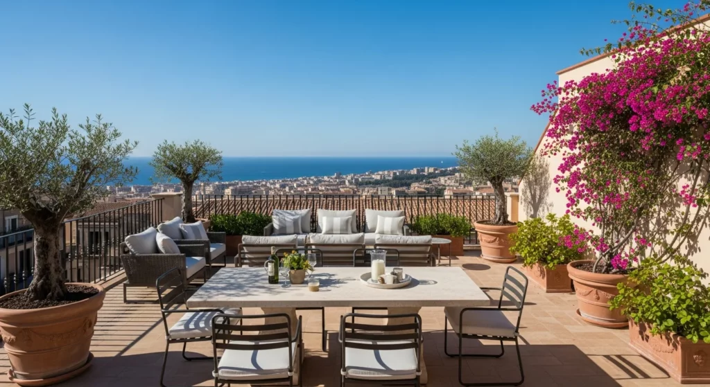 Élégante terrasse sicilienne rénovée offrant une vue imprenable sur Palerme et la mer Méditerranée, incarnant le style de vie méditerranéen recherché par les acheteurs français en Sicile.