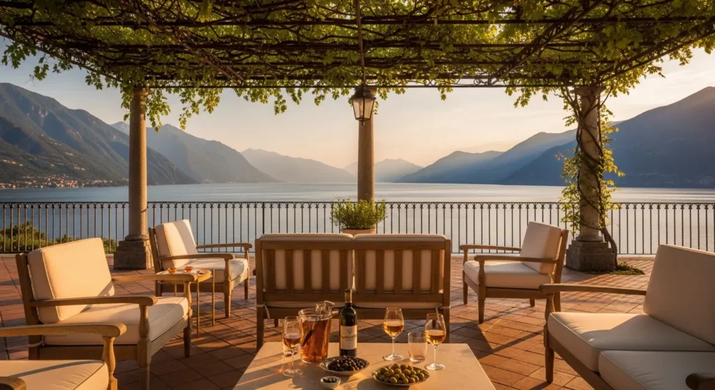 Élégante terrasse d'une villa avec vue panoramique sur le Lac de Garde au coucher du soleil, symbolisant la réussite d'un investissement immobilier en Italie et la qualité de vie exceptionnelle offerte aux propriétaires français.
