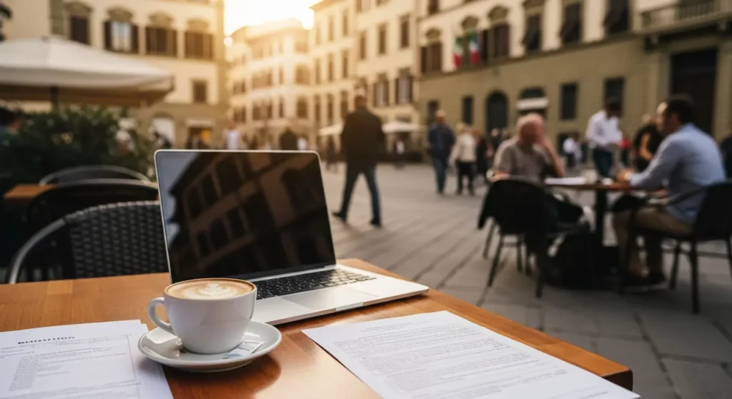 Terrasse de café florentin avec ordinateur et documents administratifs, symbolisant l'intégration des expatriés français dans la vie quotidienne florentine, entre travail, démarches et immersion dans la communauté locale de la capitale toscane.