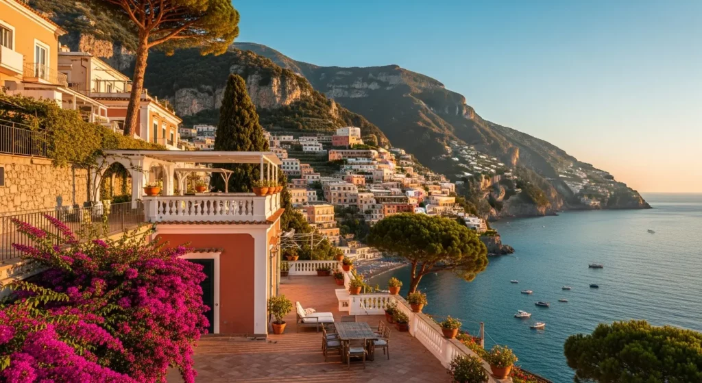 Photographie aérienne d'une villa traditionnelle avec terrasse panoramique surplombant la mer Méditerranée sur la Côte Amalfitaine, illustrant le marché immobilier premium d'Amalfi recherché par les acheteurs français.