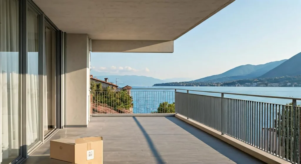 Vue panoramique ensoleillée d'un couple de dos sur un balcon d'appartement moderne donnant sur le lac de Garde, Sirmione visible au loin