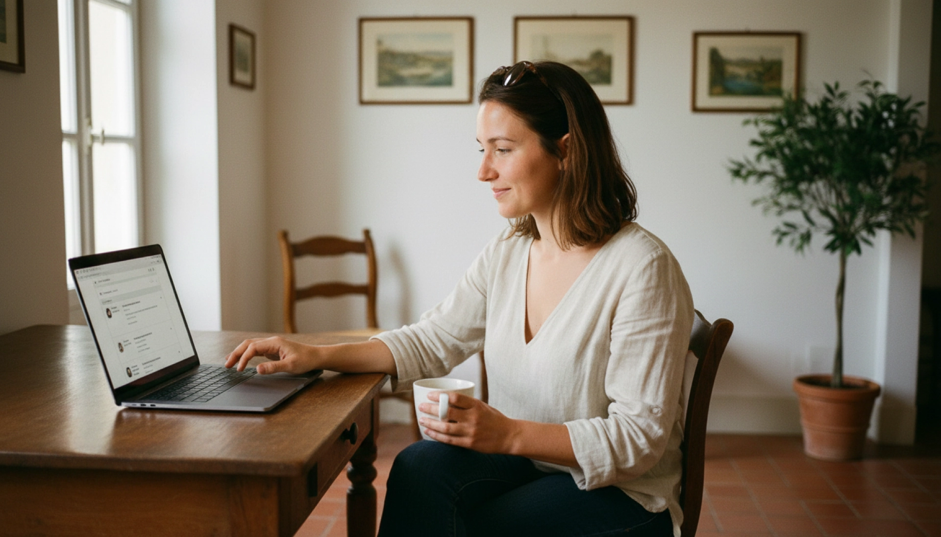 Sophie, française de 32 ans, consulte des offres d'emploi saisonnier en Italie sur son ordinateur