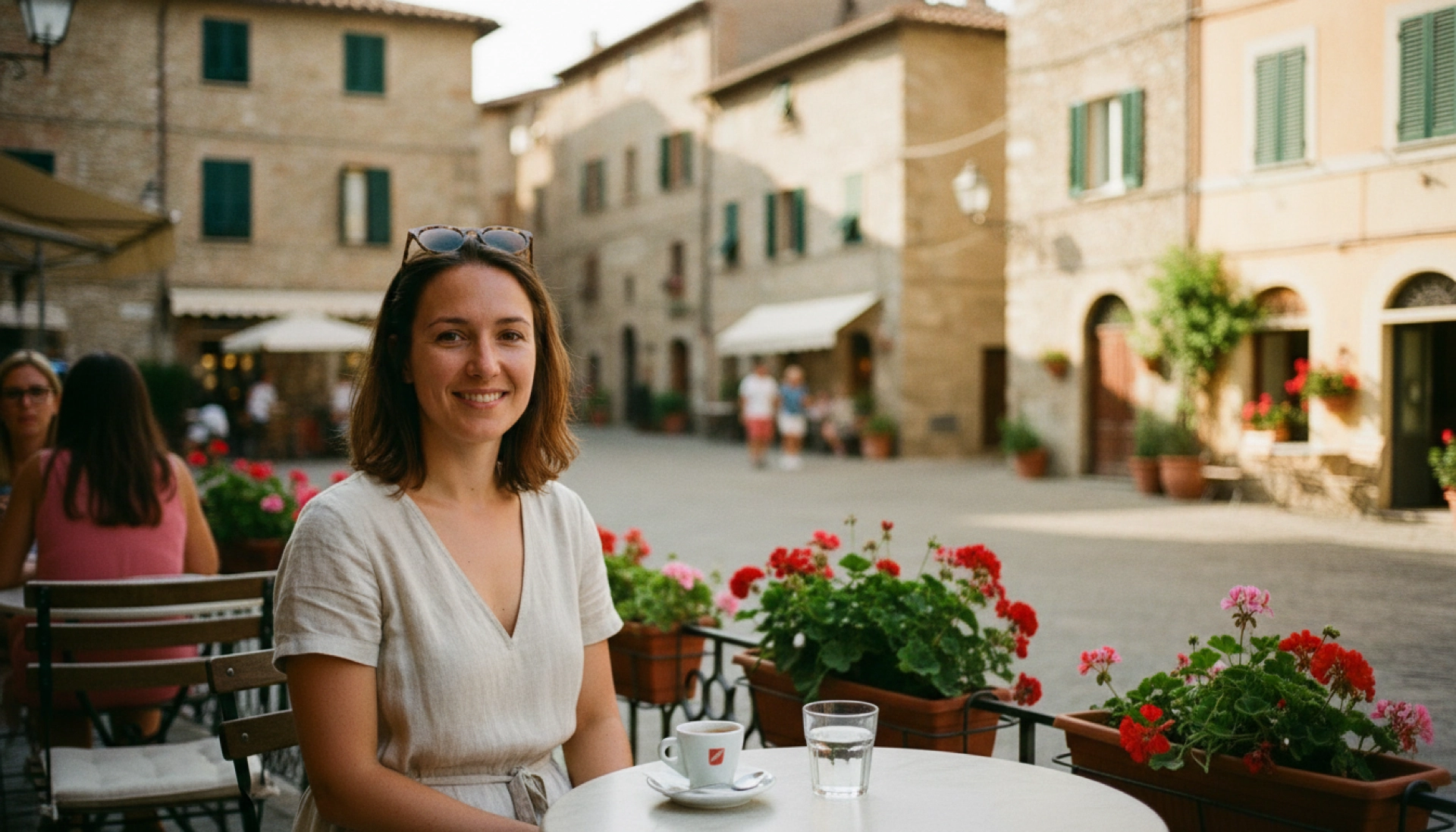 Sophie profite d'une pause estivale en terrasse après sa journée de travail saisonnier en Italie
