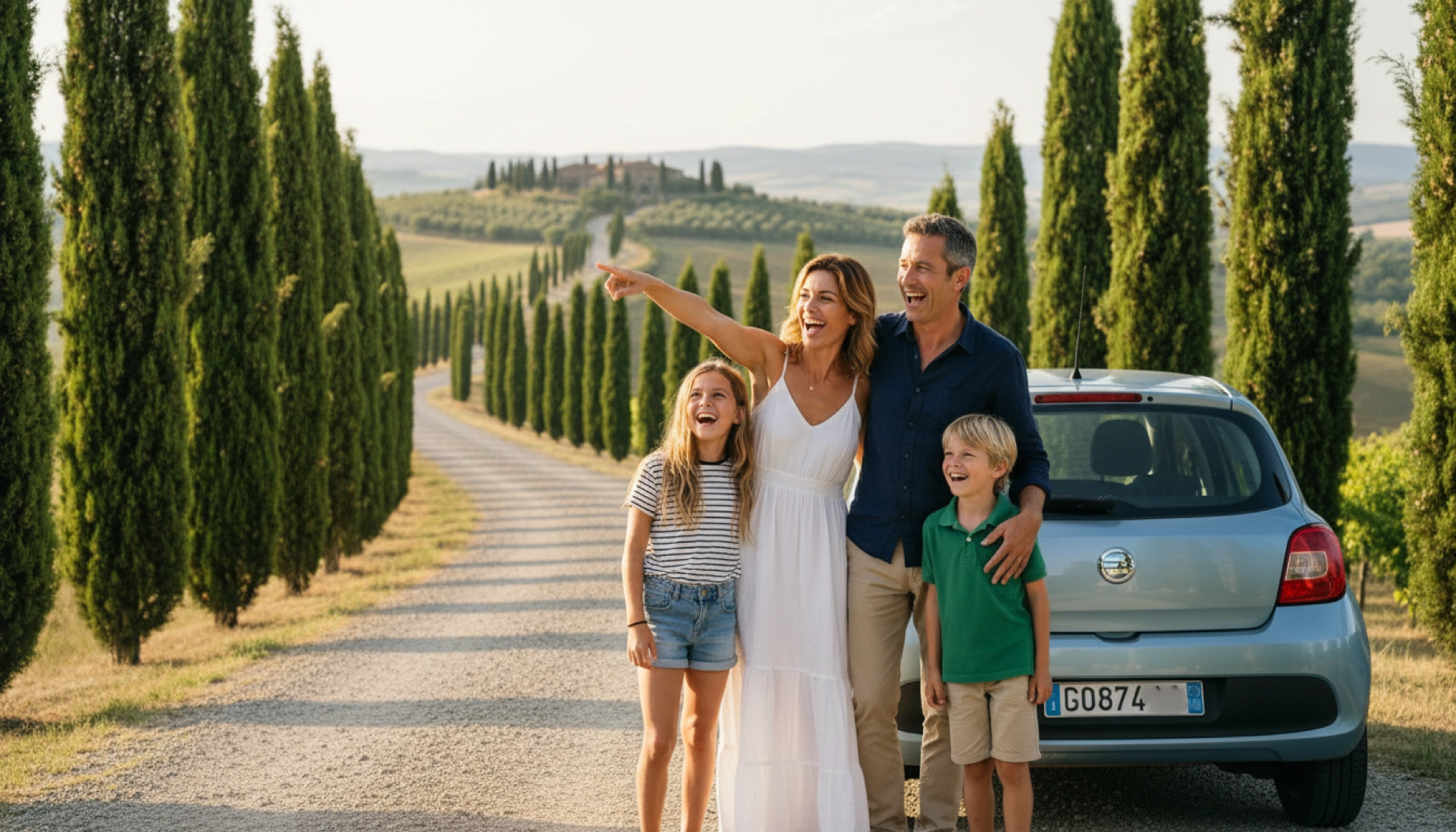 Les Martini en famille à bord de leur voiture de location lors d'un road trip en Italie
