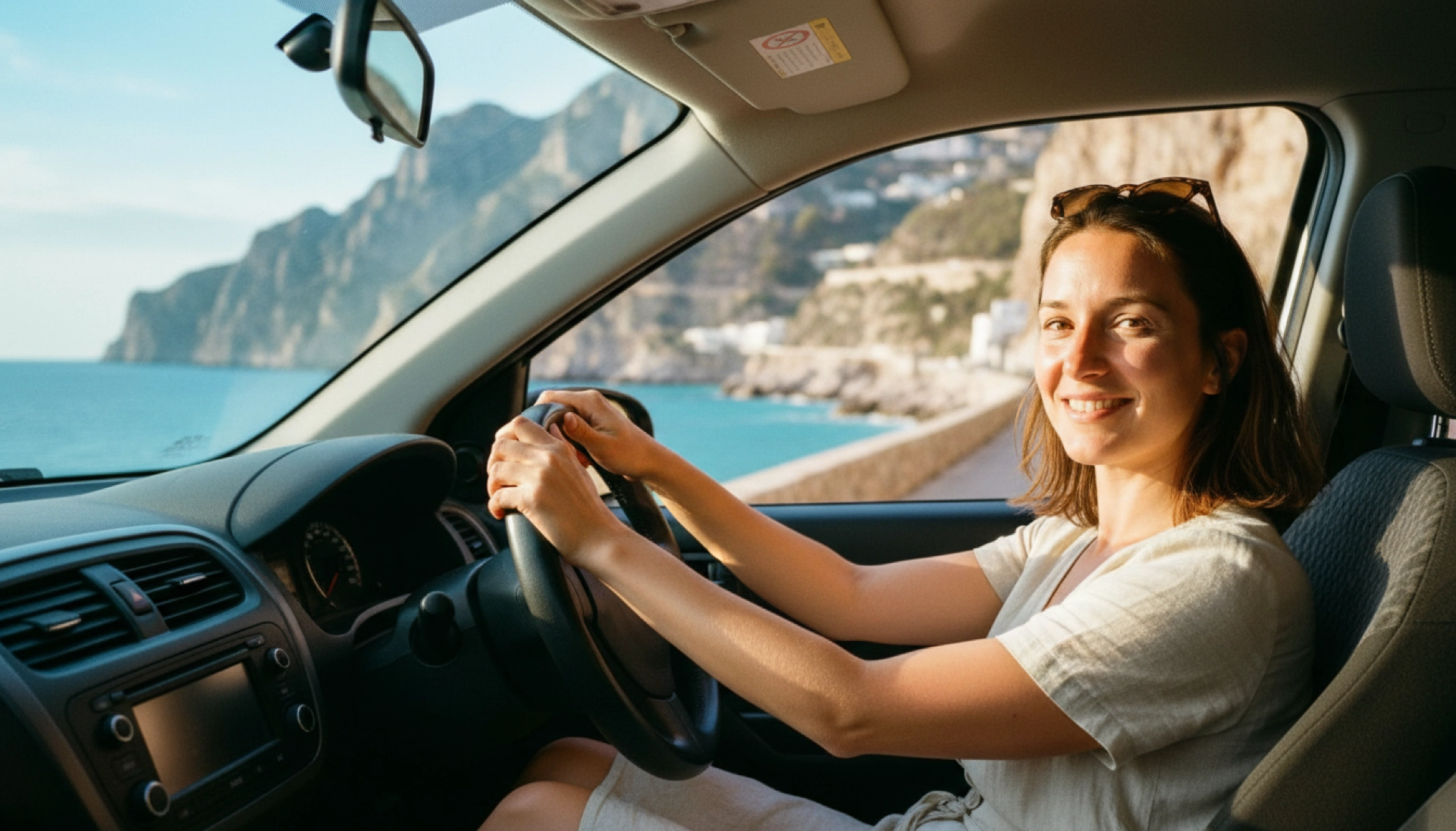 Sophie au volant d'une voiture de location sur une route côtière italienne - location voiture Italie