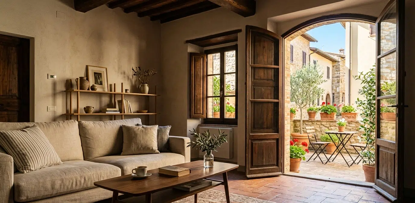 Interior of an Italian apartment with terracotta floor tiles and wooden shutters open onto a sunny courtyard