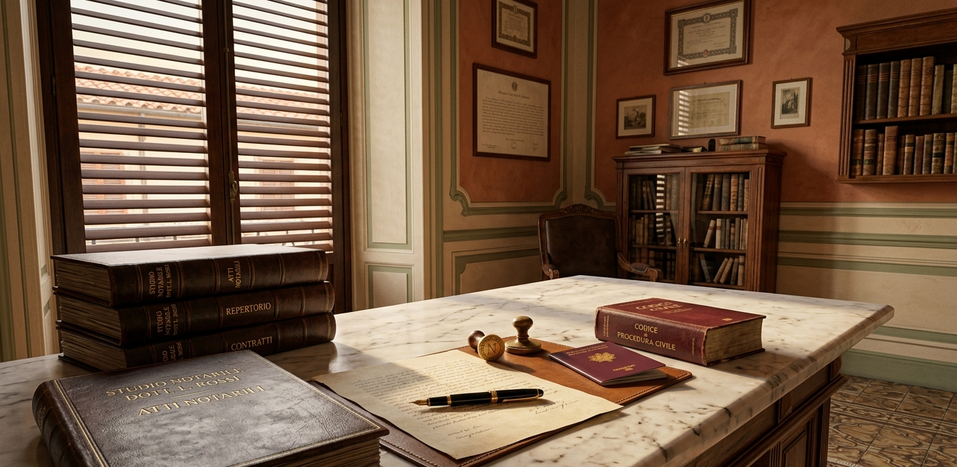 Bureau d'un notaire italien avec passeport français et Codice Civile posés côte à côte- succession franco-italienne 2026