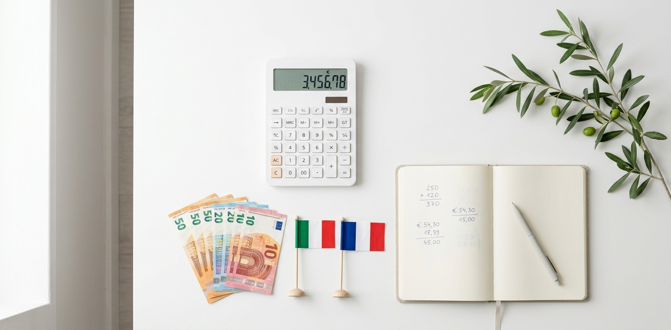 Flat lay avec billets en euros, calculatrice, drapeaux français et italien et carnet de notes- droits de succession et abattements en Italie 2026