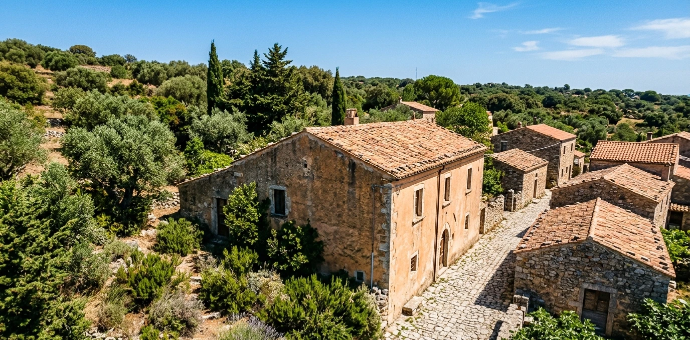 Stone house with terracotta roof tiles in a southern Italian village seen from above, surrounded by Mediterranean vegetation, illustrating opportunities to buy at judicial auction in Calabria and Sicily