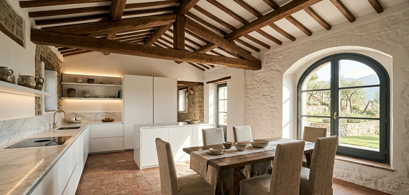 Intérieur lumineux d'une maison de village italienne entièrement rénovée, poutres en bois apparentes, sol en terre cuite, cuisine moderne ouverte et fenêtre en arc, Italie