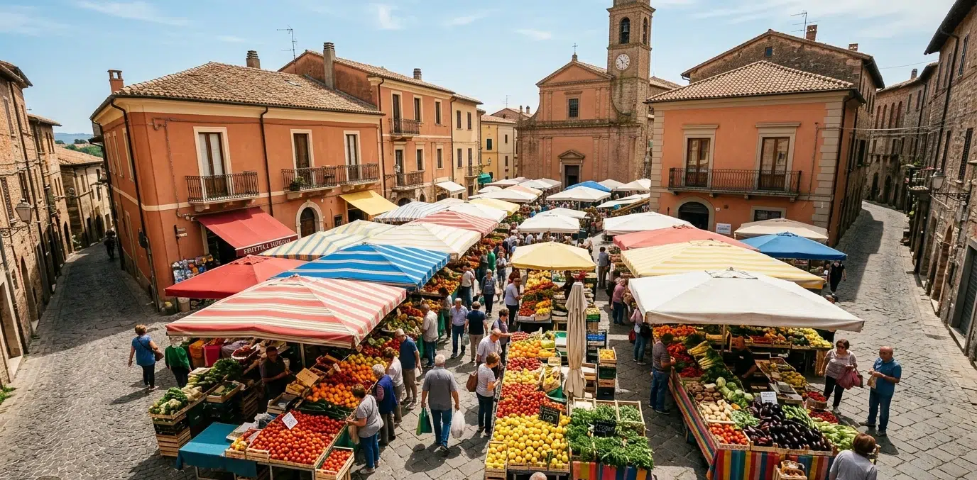 Open-air market in a sunny Italian piazza, with colourful stalls of fresh fruit and vegetables