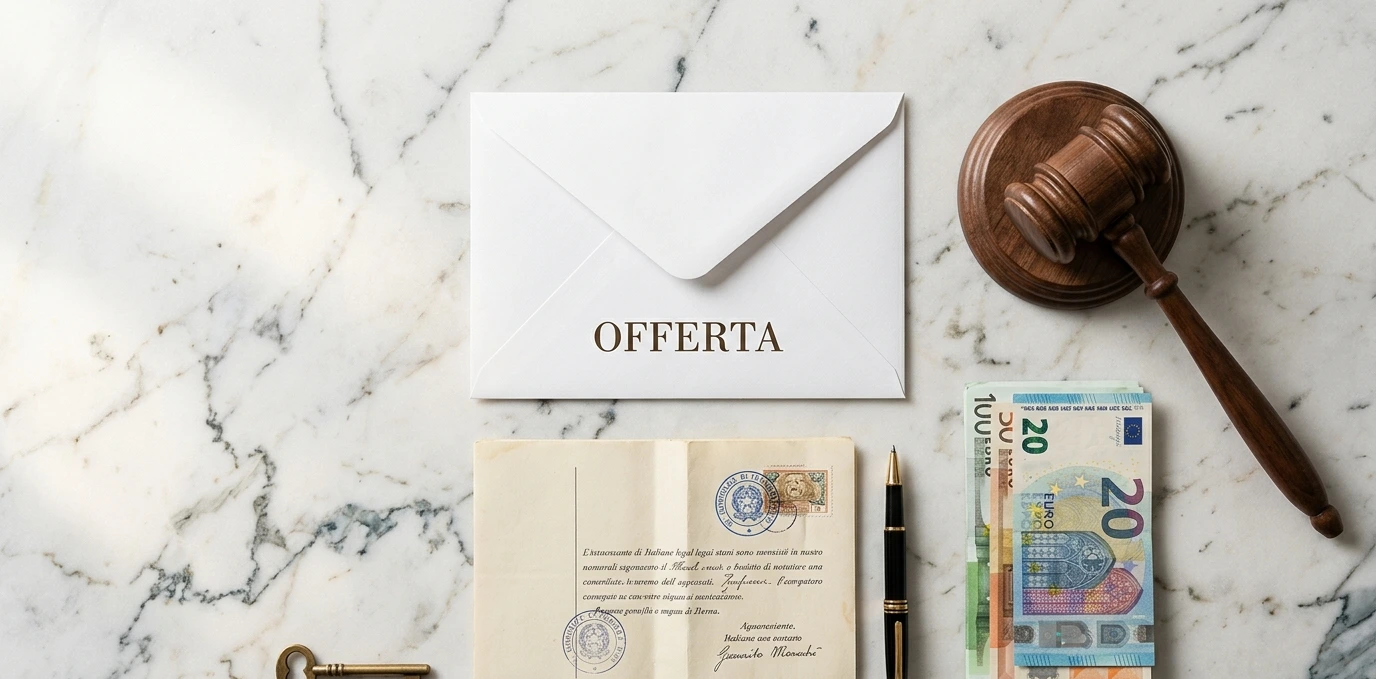 Sealed offer envelope, judge's gavel, euro banknotes and an Italian legal document on white marble, symbolising the bidding procedure in an Italian judicial property auction
