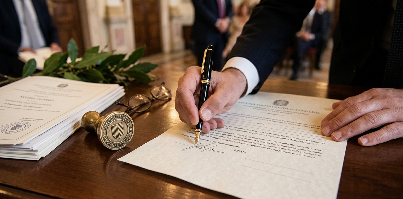 Mains signant un document officiel avec un stylo plume sur un bureau en bois, tampon notarial et feuilles de laurier visibles- testament en Italie