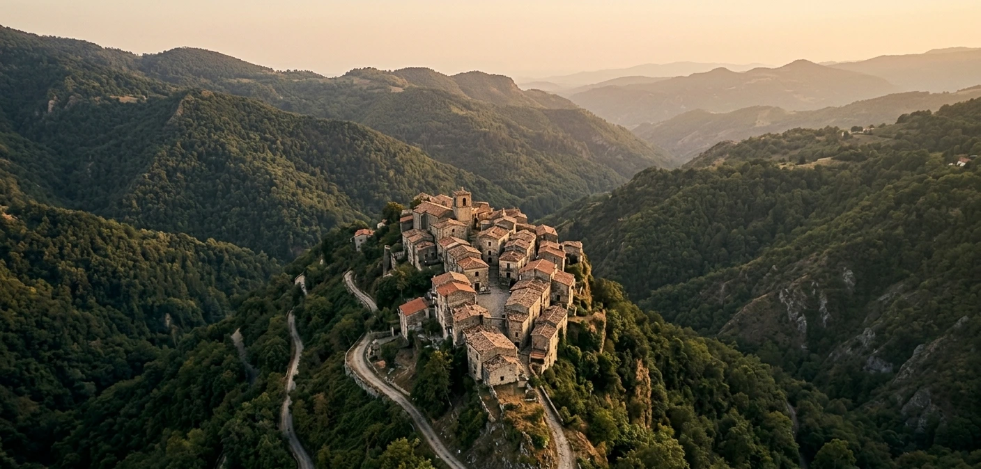 Vue aérienne d'un petit village médiéval isolé en Calabre, accessible par une seule route sinueuse entourée de forêt méditerranéenne, Italie du Sud
