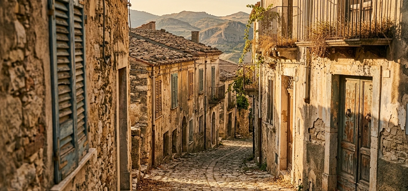 Ruelle en pierre d'un village sicilien abandonné au coucher du soleil, vieilles façades avec volets en bois décrépis, programme maison à 1 euro en Italie