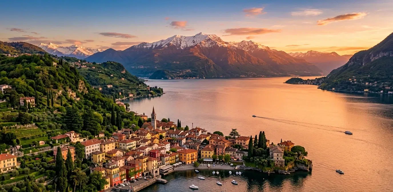 Buying a house on Lake Como – panoramic aerial view of the lake and Lombard villages